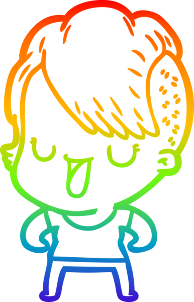 Gökkuşağı gradyan çizimi. Hipster saç kesimi bir insan tarafından çizilmiş şirin bir çizgi film kızı.