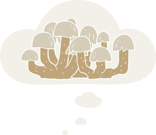 Düşünce baloncuğu olan çizgi film mantarları insan tarafından çizilmiş.