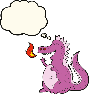 Bir insan tarafından çizilmiş düşünce balonlu ateş püskürten ejderha.