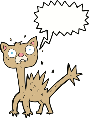 Bir insan tarafından çizilmiş konuşma balonlu korkak kedi çizgi filmi.