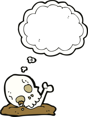 Bir insan tarafından çizilmiş düşünce baloncuklu eski kemikler.