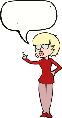 Bir insan tarafından çizilmiş konuşma balonlu gözlük takan çizgi film kadını.