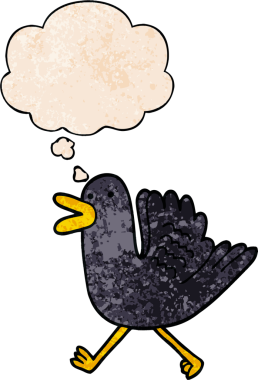 Bir insan tarafından çizilmiş grunge desenli düşünce baloncuğuyla koşan çizgi film ördeği