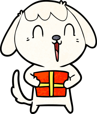 Bir insan tarafından çizilmiş Noel hediyesi olan sevimli bir çizgi film köpeği.