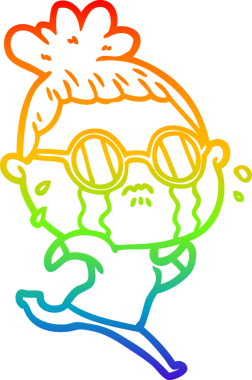 Gökkuşağı gradyan çizgi çizimi. Bir insan tarafından çizilmiş gözlük takan ağlayan bir kadın.