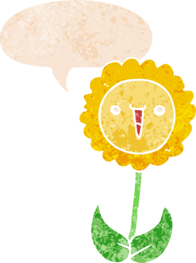 Bir insan tarafından çizilmiş grunge dertli retro biçimli konuşma baloncuklu karikatür çiçeği