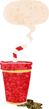 Bir insan tarafından çizilmiş, grunge 'de konuşma baloncuğu olan karikatür soda bardağı.