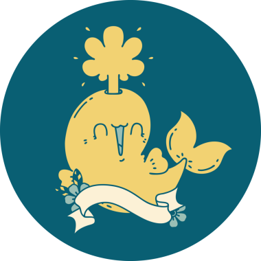 Dövme stili bir ikon Bir insan tarafından çizilmiş mutlu fışkırtan balina karakteri