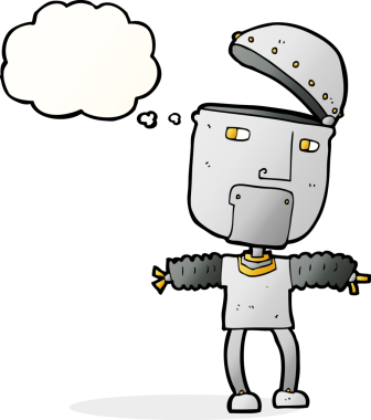 Bir insan tarafından çizilmiş düşünce balonlu açık kafalı komik çizgi film robotu.