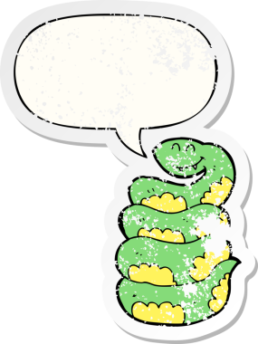 Konuşma baloncuğu olan çizgi film yılanı, bir insan tarafından çizilmiş sıkıntılı eski bir çıkartma.