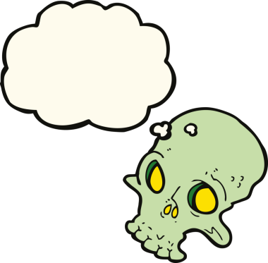 Bir insan tarafından çizilmiş düşünce baloncuklu garip kafatası.