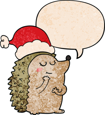 Çizgi film kirpisi, noel şapkası takıyor ve konuşma baloncuğu insan stili çiziyor.