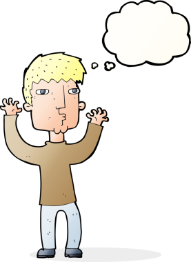 Bir insan tarafından çizilmiş düşünce baloncuğu olan endişeli bir adam.