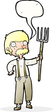 Bir insan tarafından çizilmiş konuşma balonlu dirgenli karikatür çiftçisi.