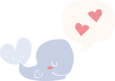 Bir insan tarafından çizilmiş eski moda konuşma baloncuğuna aşık çizgi film balinası