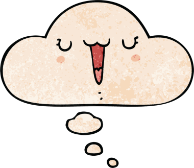 Bir insan tarafından çizilmiş grunge doku tarzında düşünce baloncuğu olan sevimli mutlu çizgi film yüzü.