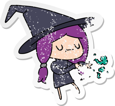 Bir insan tarafından çizilmiş sevimli kawai cadısının serbest çizilmiş çıkartması.