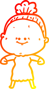 Bir insan tarafından çizilmiş mutlu, yaşlı bir kadının sıcak çizgi çizimi.