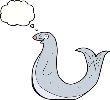 Bir insan tarafından çizilmiş düşünce baloncuklu mutlu fok.