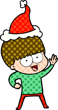 Mutlu el çizimi çizgi roman tarzı Noel Baba şapkası takan bir çocuğun bir insan tarafından çizilmiş resmi.