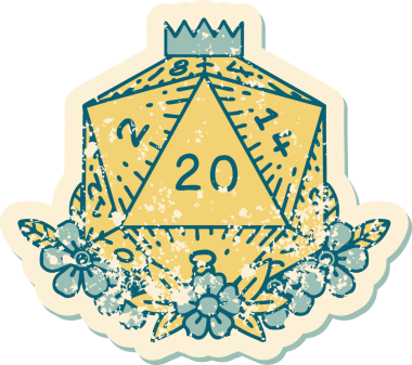 Retro Dövme Biçimi Doğal 20 D20 zar bir insan tarafından çizilmiş çiçek elementleriyle