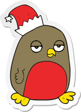 Bir insan tarafından çizilmiş Noel Baba şapkası takan bir çizgi film çıkartması.