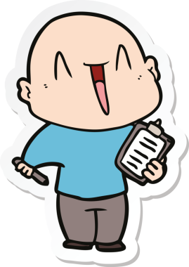 Bir insan tarafından çizilmiş mutlu, kel bir adamın çıkartması.