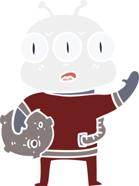 Düz renkli karikatür. Bir insan tarafından çizilmiş üç gözlü uzaylı.