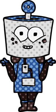 Mutlu çizgi film robotu bir insan tarafından çizilmiş omuz silkiyor.