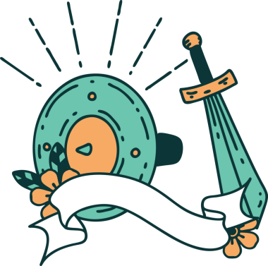 Dövme stili kalkanı ve bir insan tarafından çizilmiş kılıcı olan parşömen bayrağı.