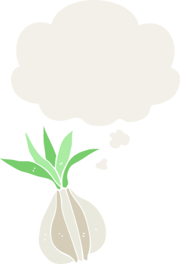 Düşünce baloncuklu karikatür soğanı insan tarafından çizilmiş.