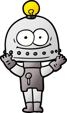 Bir insan tarafından çizilmiş ampullü mutlu karton robot.