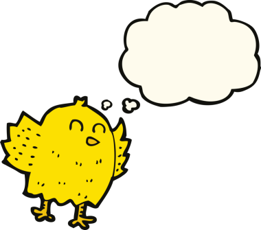 Bir insan tarafından çizilmiş düşünce baloncuklu çizgi film kuşu.