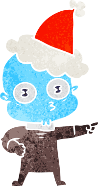 Bir insan tarafından çizilmiş Noel Baba şapkası giymiş garip kel bir uzaylının el çizimi karikatürü.