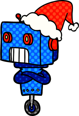 Bir insan tarafından çizilmiş Noel Baba şapkası giyen bir robotun el çizimi çizgi roman tarzı çizimi.