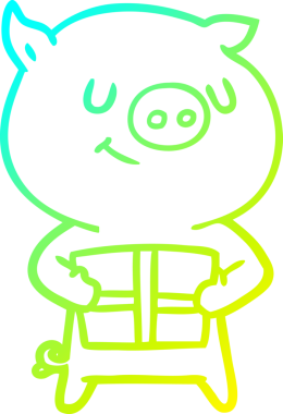 Bir insan tarafından çizilmiş Noel hediyeli mutlu bir domuz çizgi filmi çizimi.