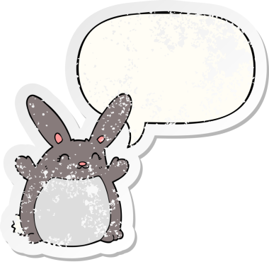 Konuşma baloncuğu olan çizgi film tavşanı bir insan tarafından çizilmiş sıkıntılı eski bir çıkartma