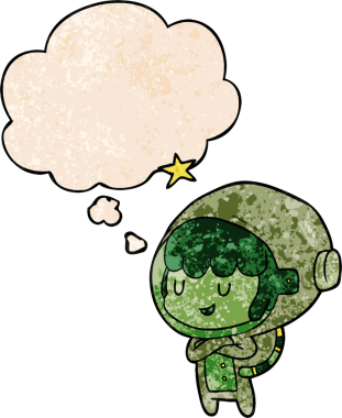 Bir insan tarafından çizilmiş grunge desenli düşünce baloncuğu olan uzay kızı.