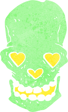 Bir insan tarafından çizilmiş, aşk dolu kalp gözleri olan bir kafatası.