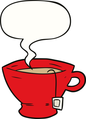 Bir insan tarafından çizilmiş konuşma baloncuklu çay fincanı.