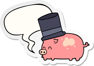 Bir insan tarafından çizilmiş konuşma kabarcığı çıkartmalı silindir şapkalı bir domuz.