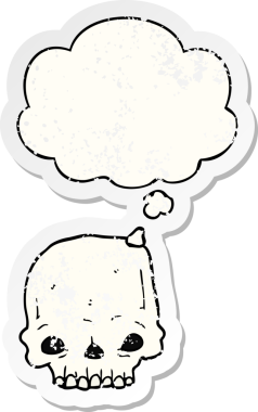 İnsan tarafından çizilmiş yıpranmış bir çıkartma gibi, düşünce baloncuklu karikatür ürkütücü kafatası.