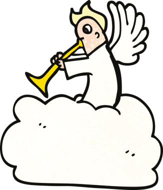 Bir insan tarafından çizilmiş trompetle bulutların üzerindeki karalama meleği.