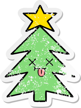 Bir insan tarafından çizilmiş şirin bir karikatür Noel ağacının sıkıntılı çıkartması.