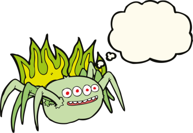 Bir insan tarafından çizilmiş düşünce baloncuklu ürkünç örümcek çizgi filmi.