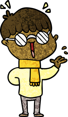 Bir insan tarafından çizilmiş gözlük takan çizgi film çocuğu.