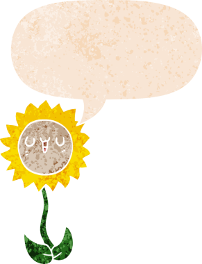 Bir insan tarafından çizilmiş grunge dertli retro biçimli konuşma baloncuklu karikatür çiçeği