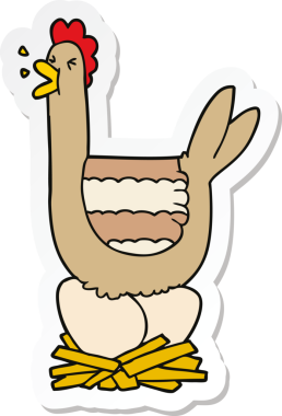 Bir insan tarafından çizilmiş yuvada oturan çizgi film tavuğunun çıkartması.