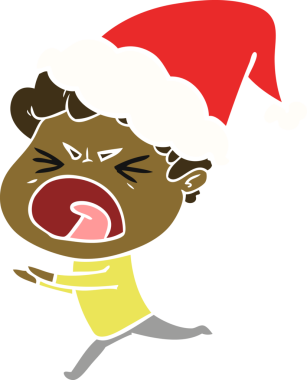 Bir insan tarafından çizilmiş Noel Baba şapkası giyen öfkeli bir adamın düz renkli çizimi.