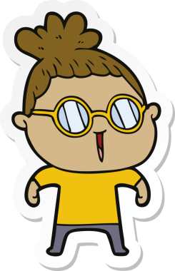 Bir insan tarafından çizilmiş gözlüklü bir karikatür kadının çıkartması.